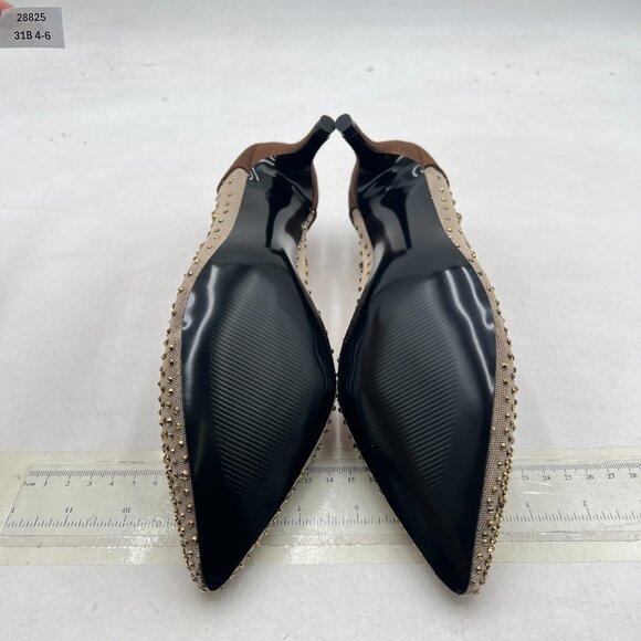 XYD Brown Pointed Toe Slip On Mesh Pumps Rhinestone Studs Comfy Kitten Heel Shoe - Picture 7 of 8